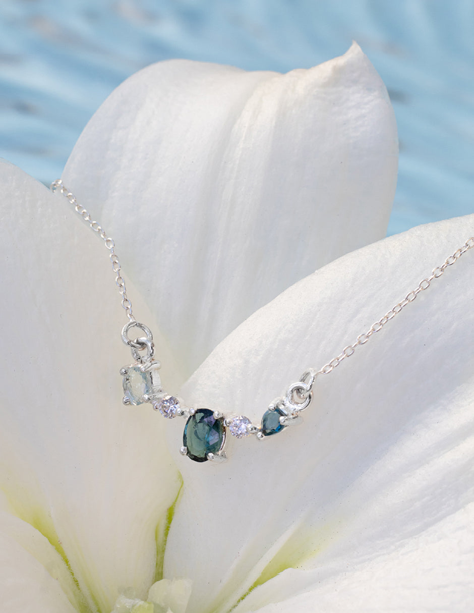 Collar de topacio, turmalina, cuarzo blanco y aguamarina Capri Plata .925